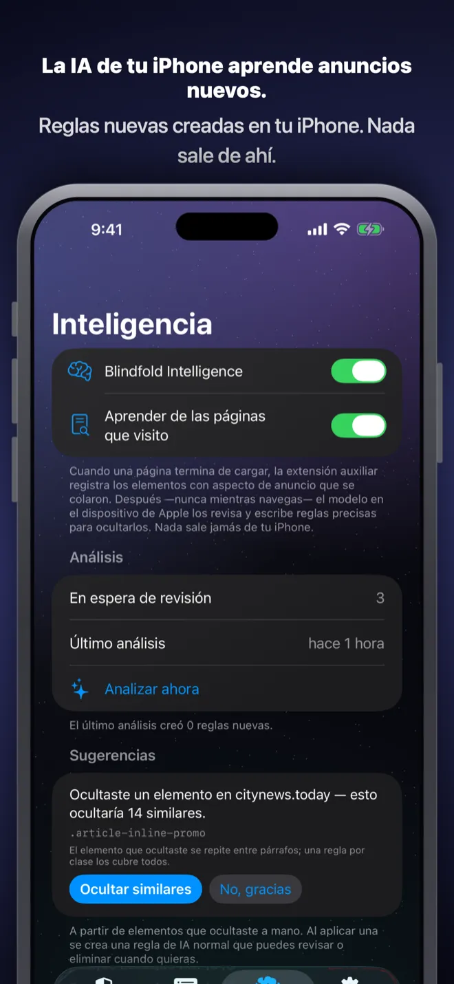 La pestaña de Inteligencia de Blindfold mostrando el análisis con IA en el dispositivo de las páginas visitadas, con una regla sugerida para ocultar un elemento de anuncio repetido y botones para aceptarla o descartarla.