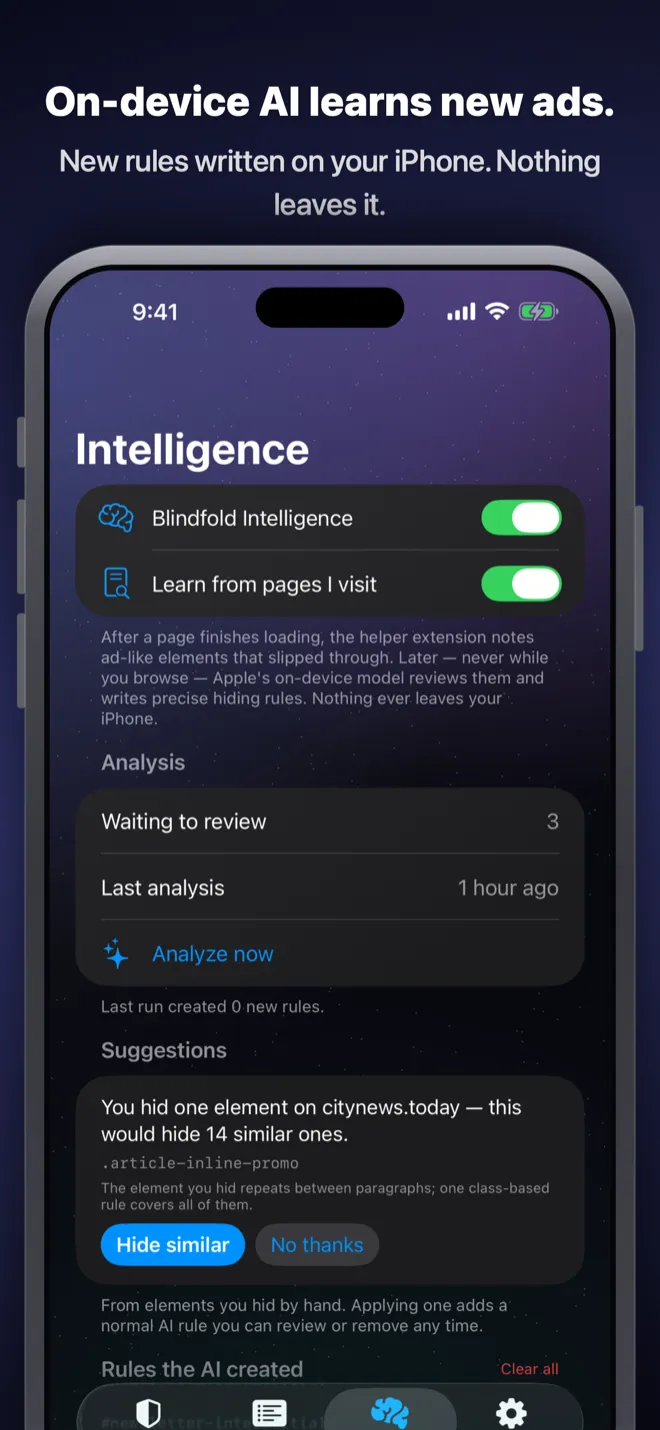 Blindfold’s Intelligence tab showing on-device AI analysis of pages visited, with a suggested rule to hide a repeated ad element and buttons to accept or dismiss it.