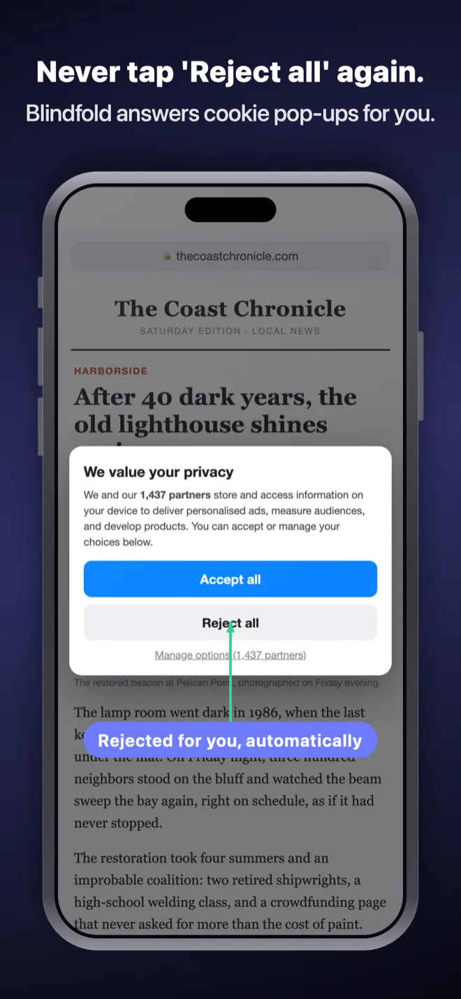 A cookie consent pop-up on a news site with Blindfold automatically tapping Reject all for the user
