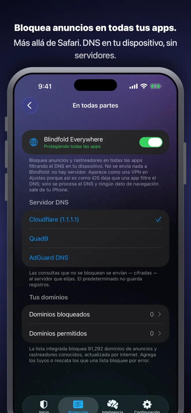 La configuración de Blindfold Everywhere mostrando el filtrado DNS en el dispositivo que bloquea anuncios y rastreadores en todo el sistema, en cada app