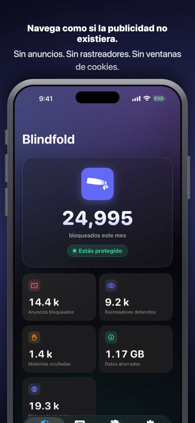 La pestaña de Inicio de Blindfold mostrando los elementos bloqueados este mes, con conteos de anuncios bloqueados, rastreadores detenidos, molestias ocultas y ancho de banda ahorrado