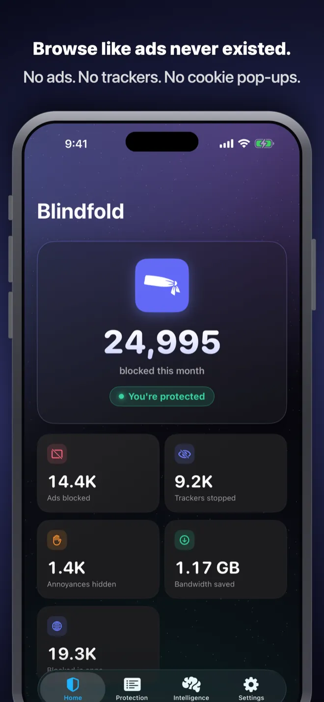 Blindfold's Home tab showing 24,995 items blocked this month, with tallies for ads blocked, trackers stopped, annoyances hidden, and bandwidth saved