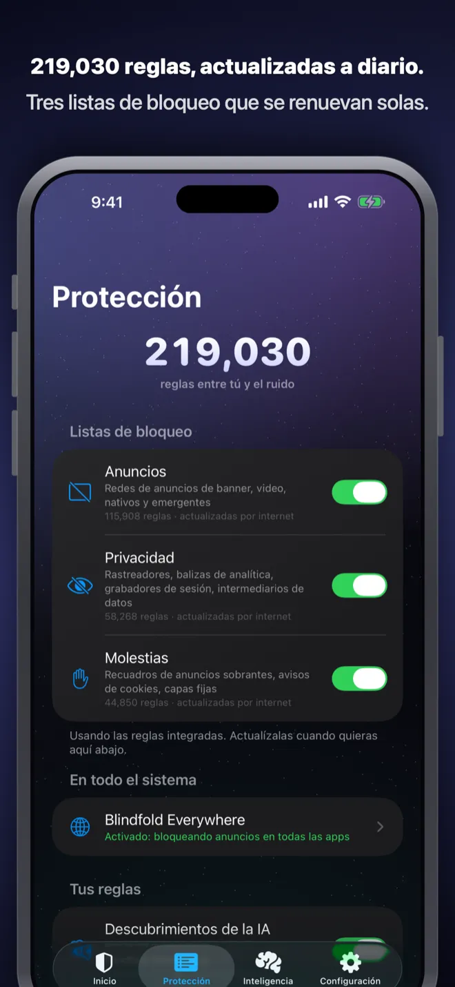 La pestaña de Protección de Blindfold con las listas de Anuncios, Privacidad y Molestias, el total de reglas y el interruptor de Blindfold Everywhere