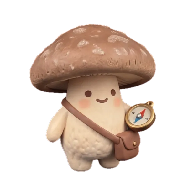 A brown-capped mushroom with a satchel bag and a brass compass