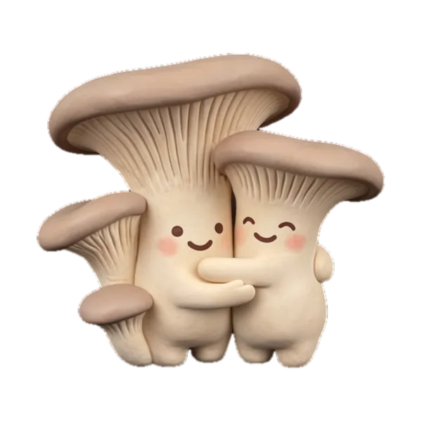 Two oyster mushrooms hugging with blushing cheeks