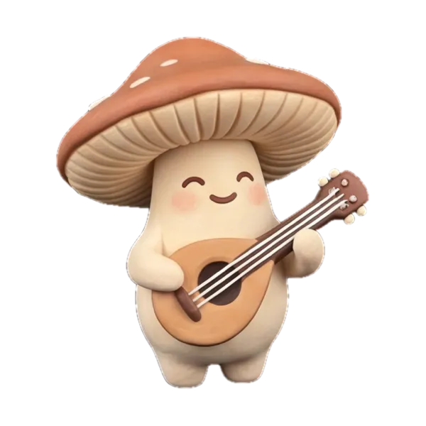 A smiling tan mushroom playing a small lute