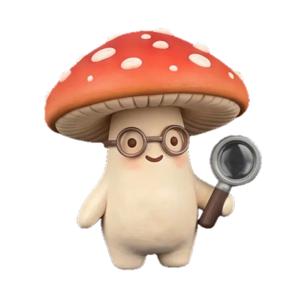 A red-capped mushroom wearing round glasses and holding a magnifying glass