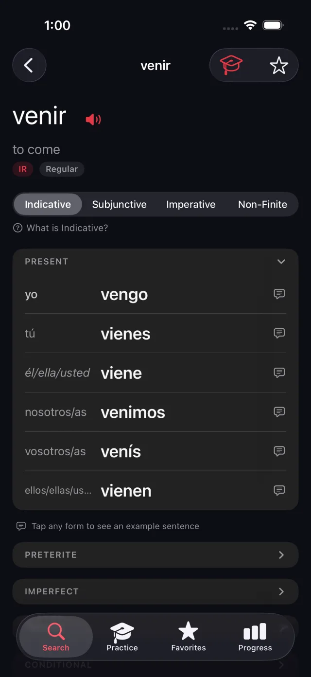 The present-tense conjugation of venir across all six persons