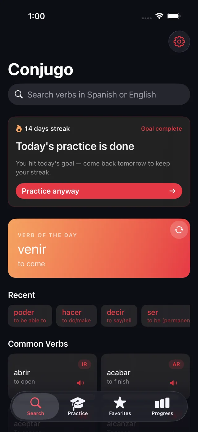 Conjugo home screen with a verb search bar, a daily practice streak, and venir as the verb of the day
