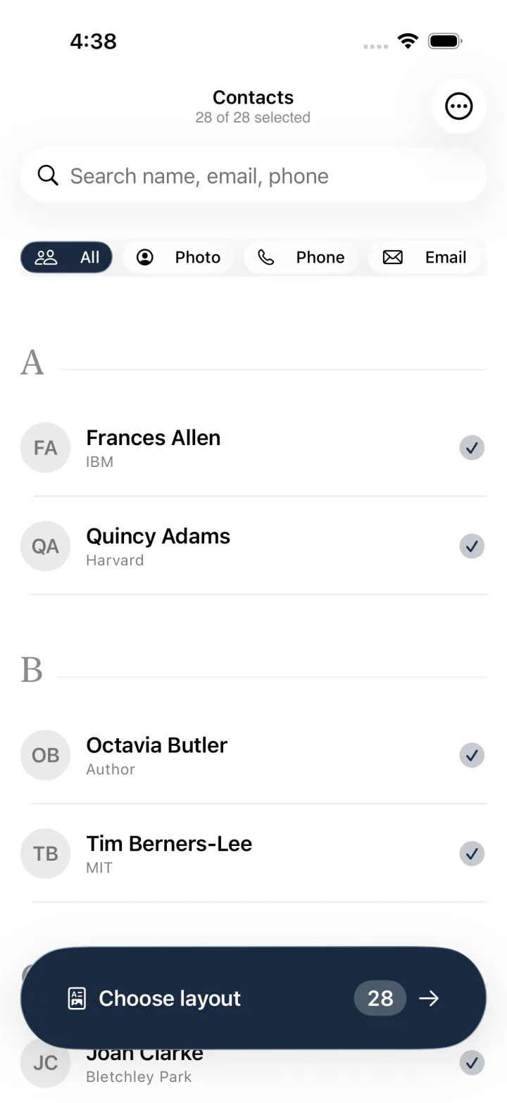 Selecting contacts to include, filtered by all, photo, phone, or email