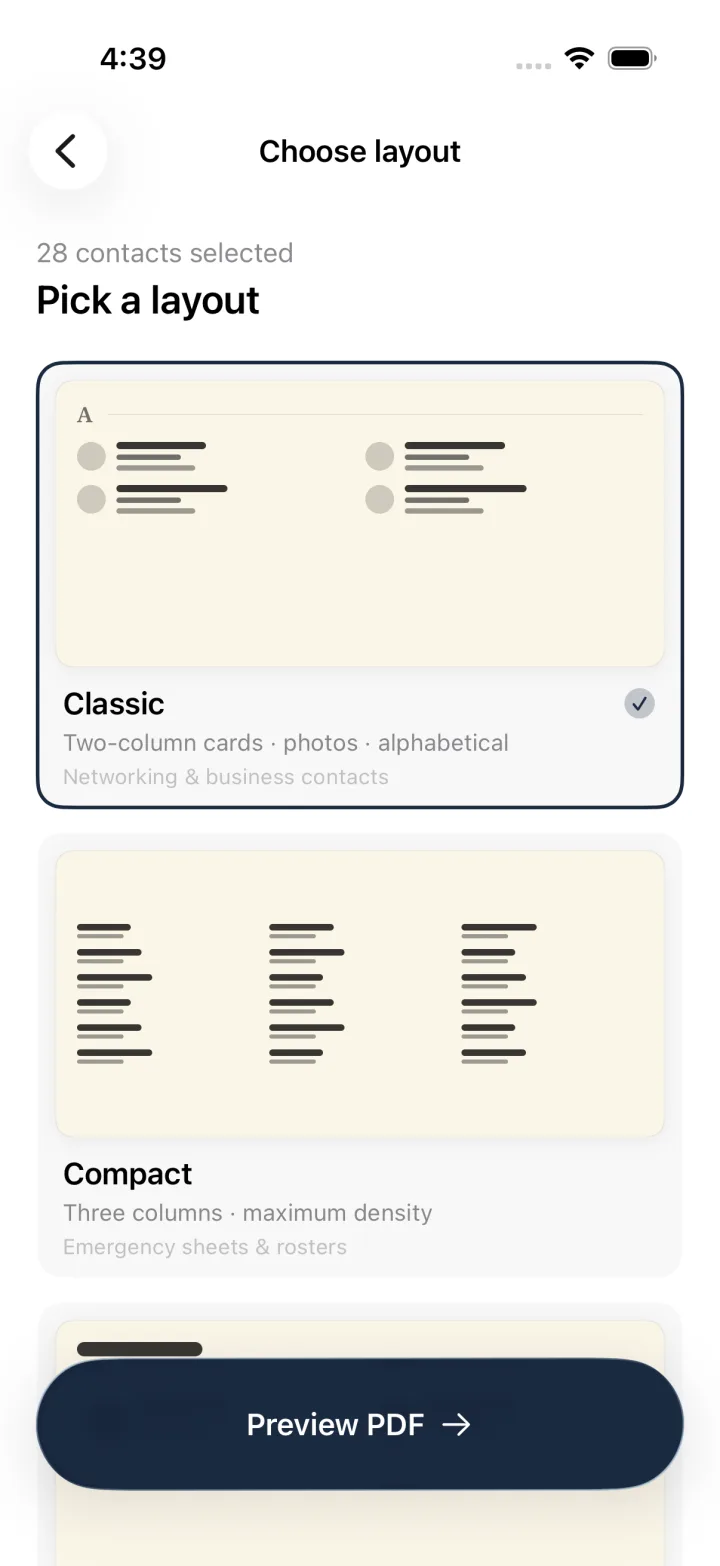Choosing between Classic, Compact, and Directory PDF layouts