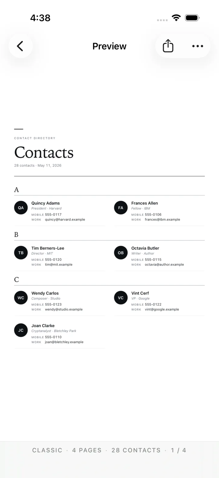 A preview of the generated Classic-layout contact directory PDF
