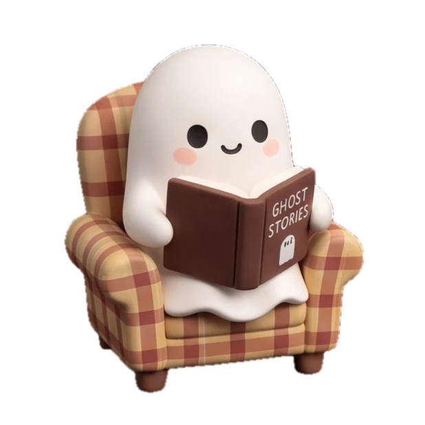 A small ghost reading a book of ghost stories in a plaid armchair