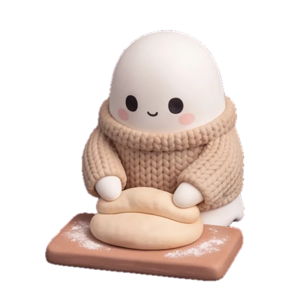 A ghost in a knit sweater kneading bread dough
