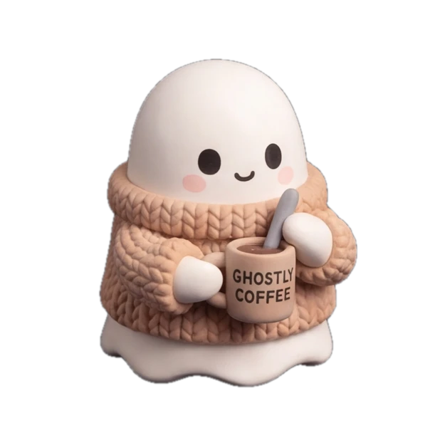 A ghost in a sweater holding a mug labeled Ghostly Coffee