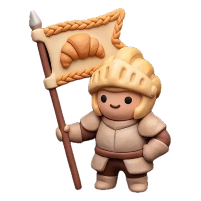 A small clay knight holding a banner with a croissant emblem