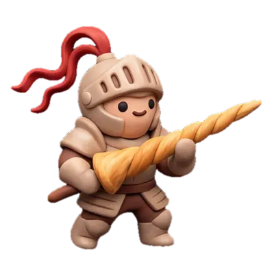 A knight in full armor with a red plume charging with a giant twisted croissant as a lance