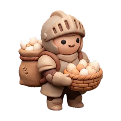 A small knight in armor carrying a basket of eggs and a sack over the shoulder