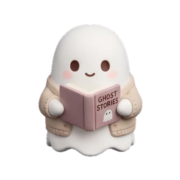 A small ghost in a cream cardigan reading a book labeled Ghost Stories