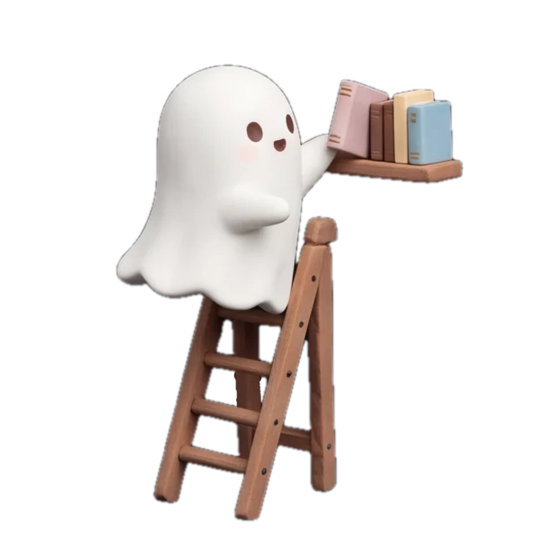 A ghost on a wooden ladder placing books onto a high shelf