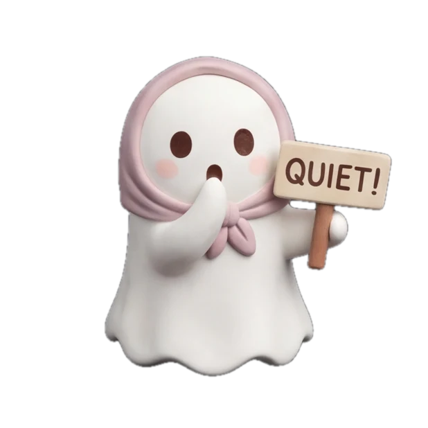 A ghost in a pink shawl holding a small wooden sign that reads Quiet