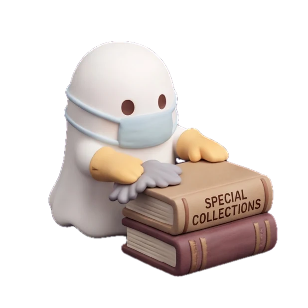A ghost in a paper face mask resting its paws on a stack of Special Collections books