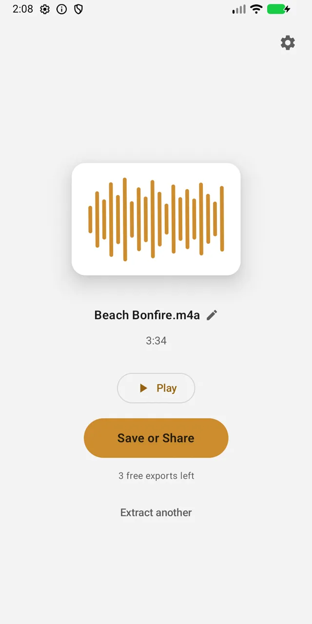 Decant on Android after extracting a file called Beach Bonfire.m4a, with Play and Save or Share buttons and 3 free exports left