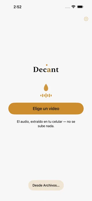La pantalla de inicio de Decant que te invita a soltar un video para extraer su audio