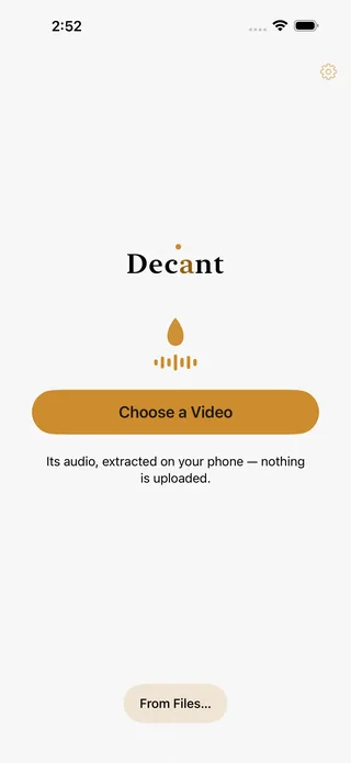 The Decant home screen inviting you to drop in a video to extract its audio