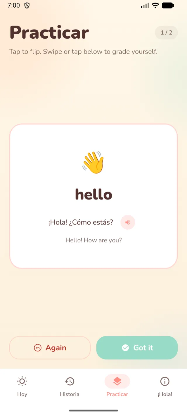 Dos Palabras on Android showing a Practicar flashcard flipped to reveal hello, with Again and Got it buttons