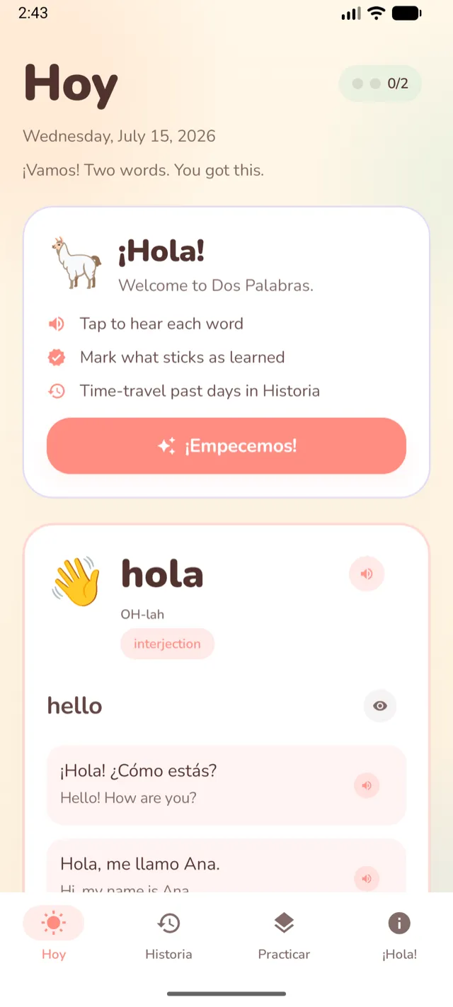 Dos Palabras on Android showing the Hoy screen with a welcome card and the word hola with its pronunciation and example sentences