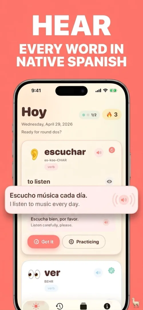 Native Spanish audio playing for the word escuchar