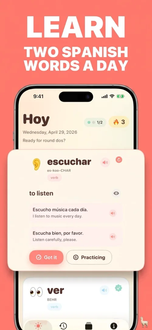 The Hoy screen showing two Spanish words with definitions and example sentences