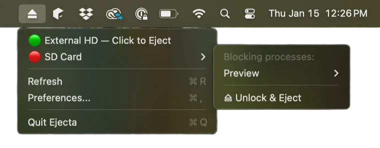 Ejecta showing external drives in menu bar