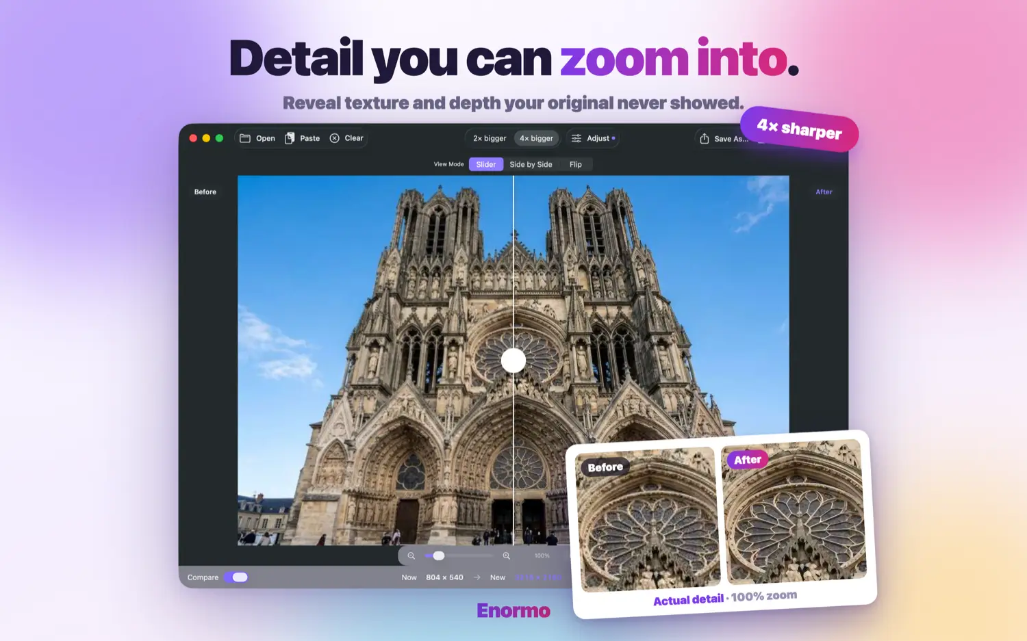 Enormo before and after comparison showing a cathedral facade upscaled 4x with fine detail restored