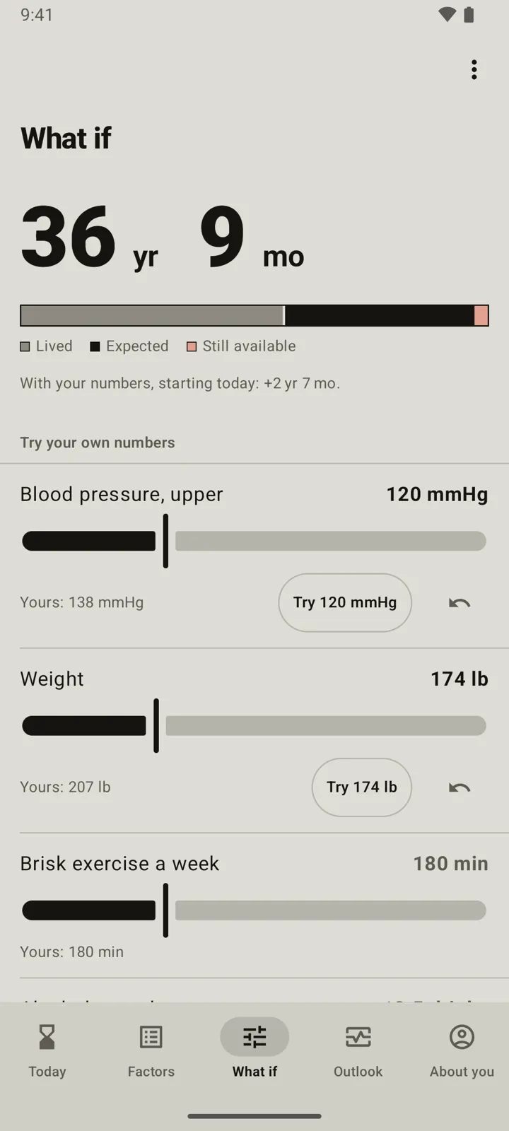 The What if simulator with sliders for blood pressure, weight, and weekly exercise