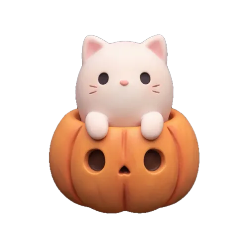 A cream-colored cat peeking out of the top of a carved jack-o'-lantern
