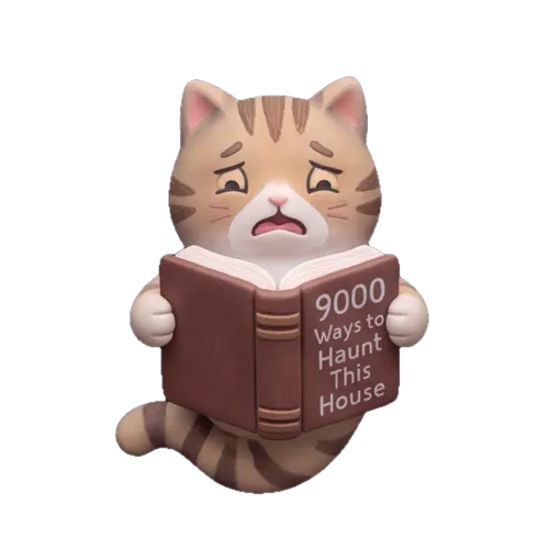 A worried tabby cat reading a book titled 9000 Ways to Haunt This House