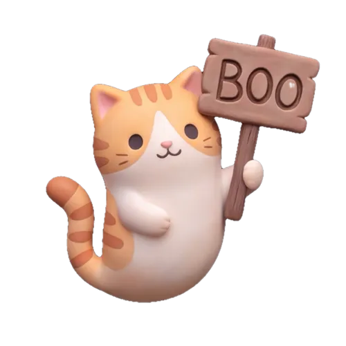 A ghostly orange and white cat holding up a wooden sign that reads BOO