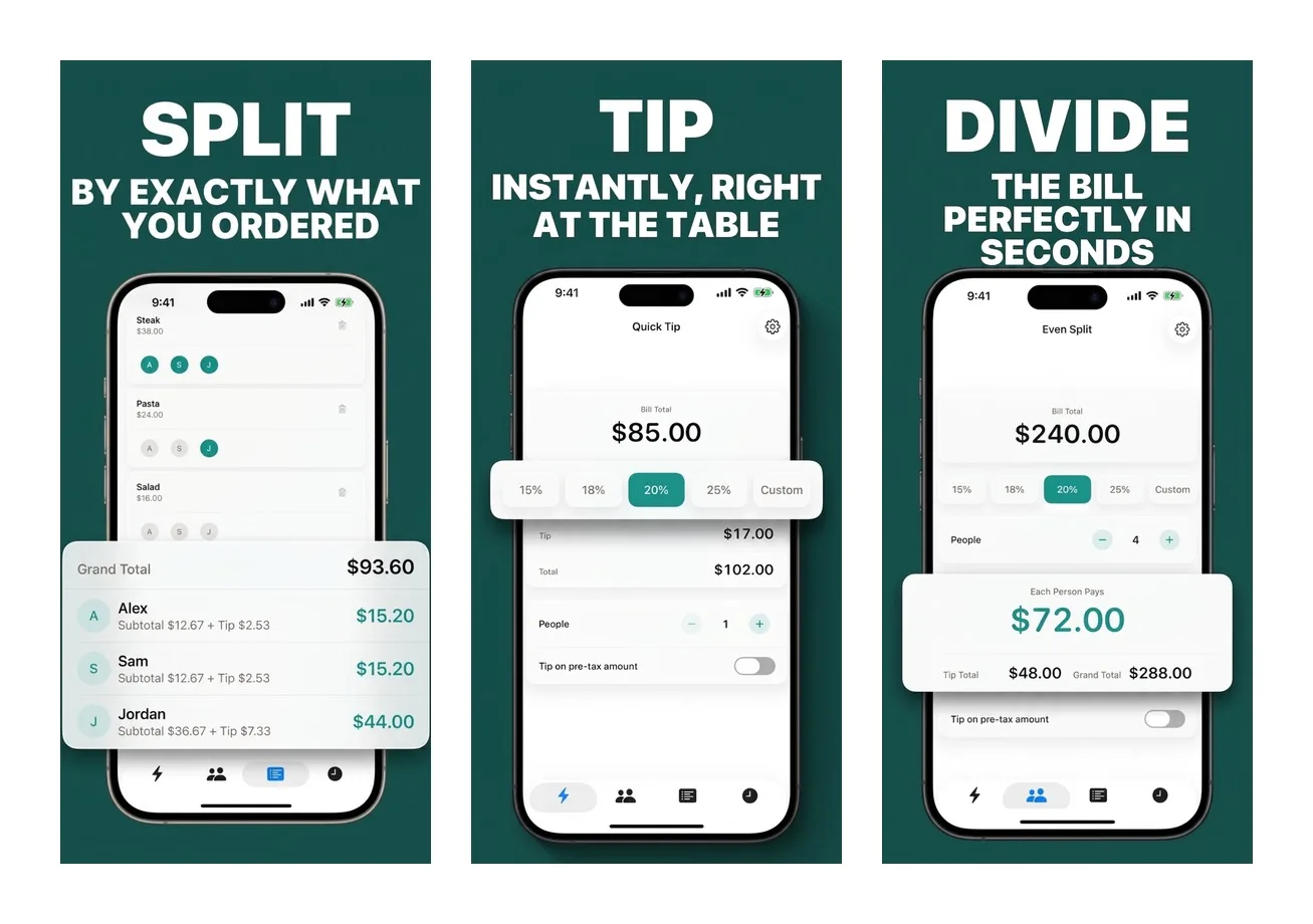 Gratuity screenshots showing Split, Tip, and Divide modes
