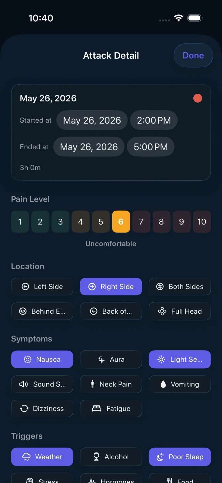 The optional attack detail screen with pain level, location, symptoms, and triggers