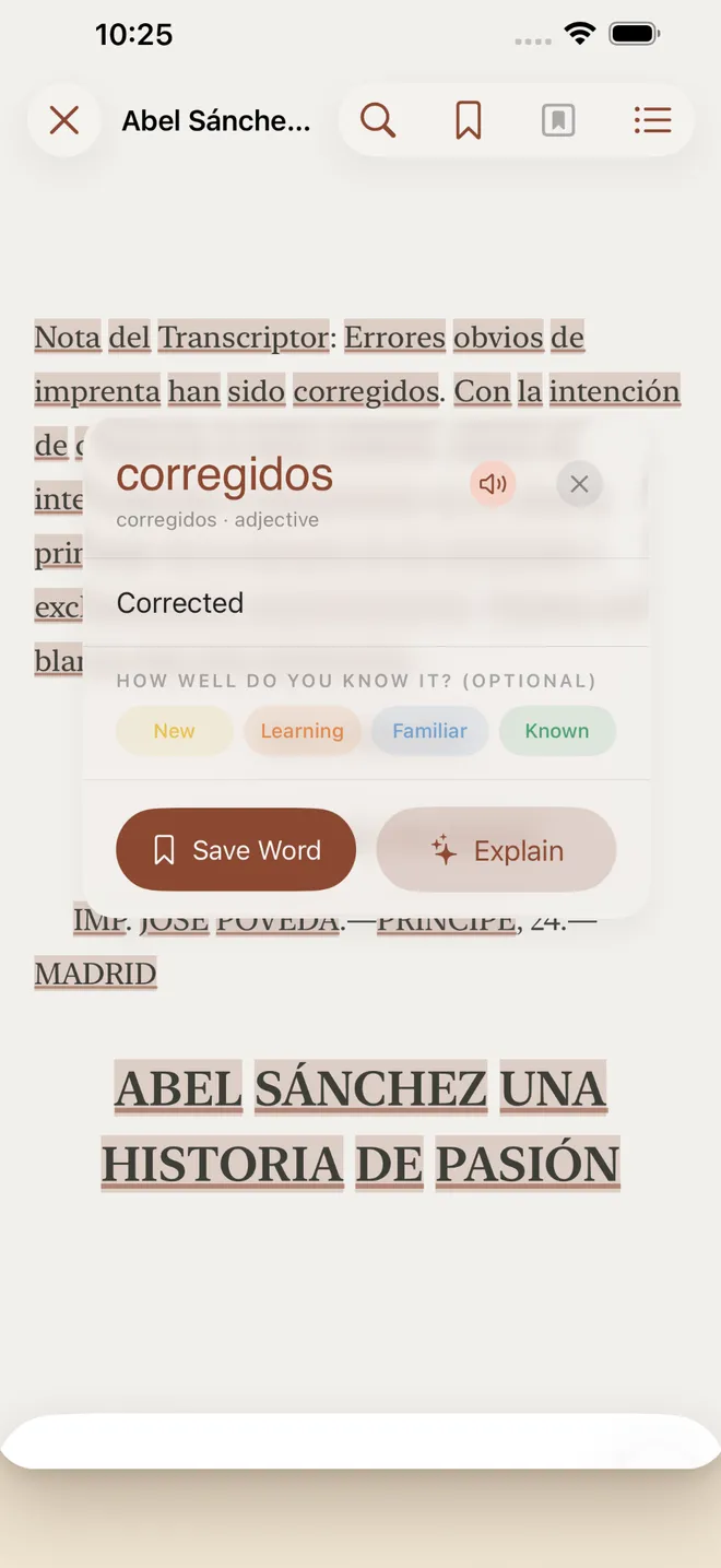 A Spanish story with the word corregidos tapped, showing its definition, part of speech, audio, and a Save Word button