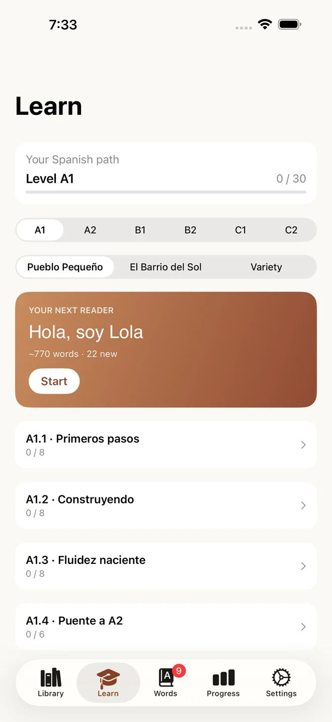 The Learn tab showing a Spanish path at Level A1 with the next reader, Hola soy Lola, ready to start