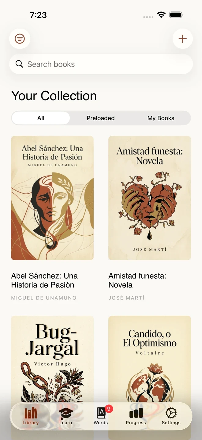 The library collection of Spanish classics with cover art from Unamuno, Jose Marti, and Victor Hugo