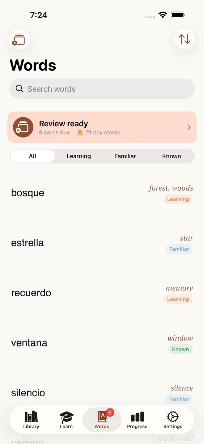 The Words tab with saved vocabulary like bosque and estrella, a review-ready card, and a 21 day streak