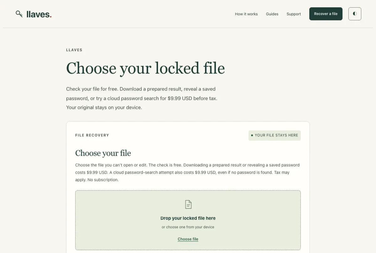 The Llaves recovery page with a drop zone that reads Drop your locked file here, and a badge that says your file stays here