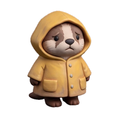 An otter in a yellow raincoat looking up at the rain