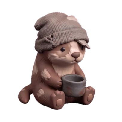 An otter in a knit beanie holding a small mug