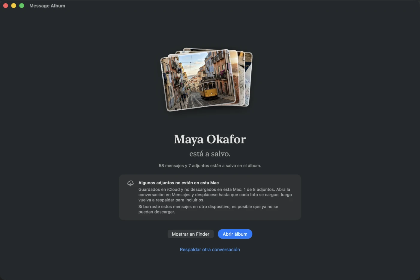 La pantalla del álbum terminado: fotos de la conversación desplegadas como impresiones, la confirmación de que la conversación está a salvo, y un panel que informa de que uno de ocho adjuntos sigue en iCloud y nunca se descargó a este Mac.
