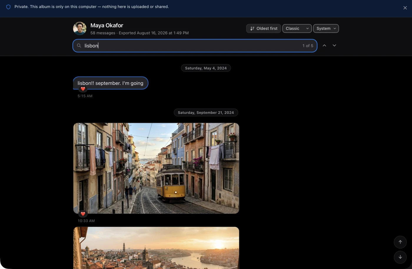The exported album open in a web browser from a file address, with a search term typed into its search box, one of five results found, the matching message outlined, and full-quality photos below it